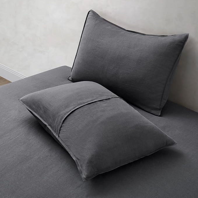 ATLINIA 100% Linen Pillowcases Set of 2, King Size 20" x 36" Pillow Case, Linen Pillow Sham Dark Grey