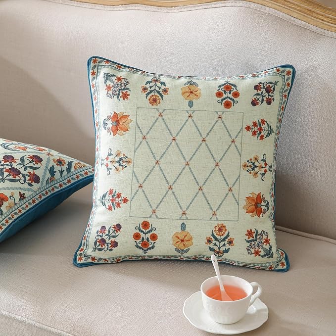 ISAENNE Linen Square Throw Pillow Cover,Set of 2,18"x18"-Floralsea B | Designer French Elegant Pillow Cover,Concealed Zipper Design,Sofa,Bedroom,Living Room,Lounge Chairs,All Season Home Decor