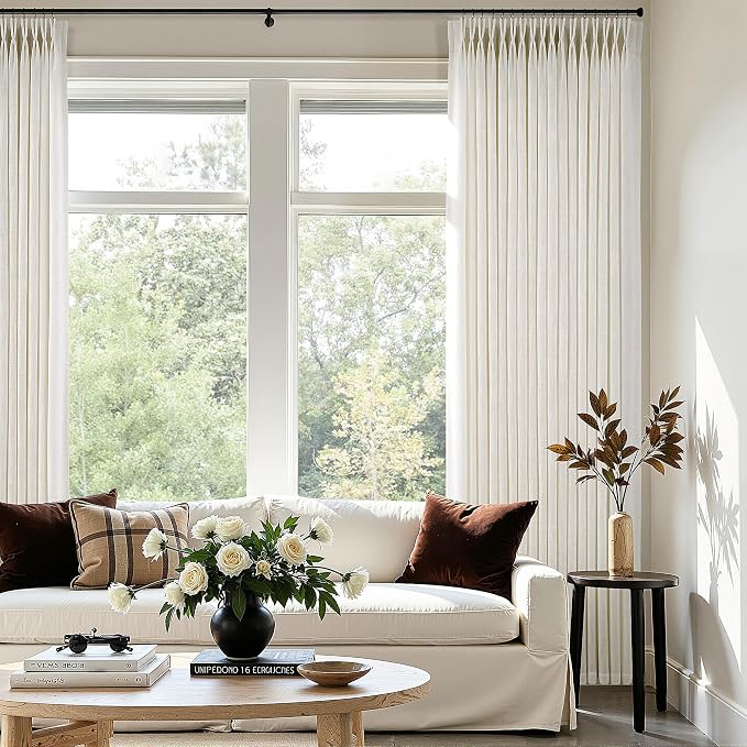 Pinch Pleated Thick Linen Curtains 120 Inch Length 2 Panels Set for Living Room Warm Beige Neutral Pleated Curtains Semi Sheer Light Filtering Privacy Bedroom Window Drapes