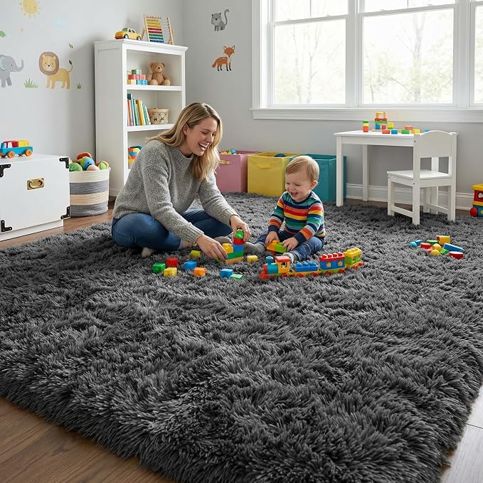 Fluffy Rugs for Living Room: Dark Grey Soft Shag Rug for Bedroom, Large Fuzzy Plush Indoor Floor Carpet Non Slip Modern Rug for Nursery Boys Girls Kids Room Playroom Dorms Home Decor, 9x11 Feet