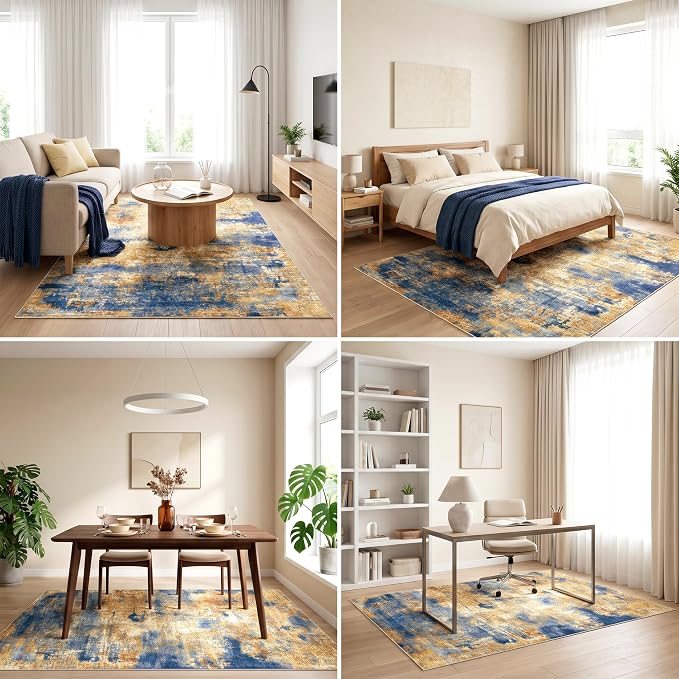 Washable Area Rug for Home Office Under Desk, 5'x7', Navy & Gold | 0.3" Low Pile Abstract Rug, 100% Cotton-Backed, Non-Slip Silicone Backing, Stain & Water Resistant, Pet & Kid Friendly