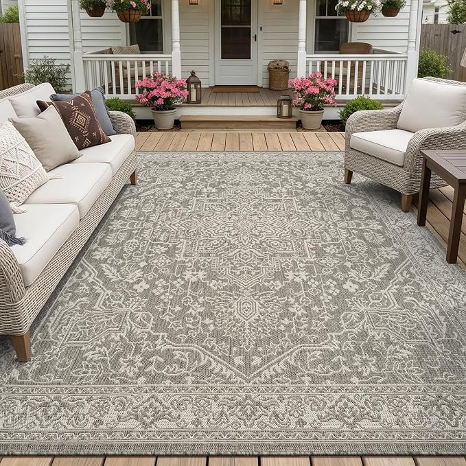 MontVoo-Outdoor Rug-Patio Rug 8x10 Polypropylene Indoor Outdoor Rugs Carpet for Patio Deck Balcony Porch, Textured Weave, Durable for High Traffic, Fade-Resistant, Vintage Medallion Silver Grey