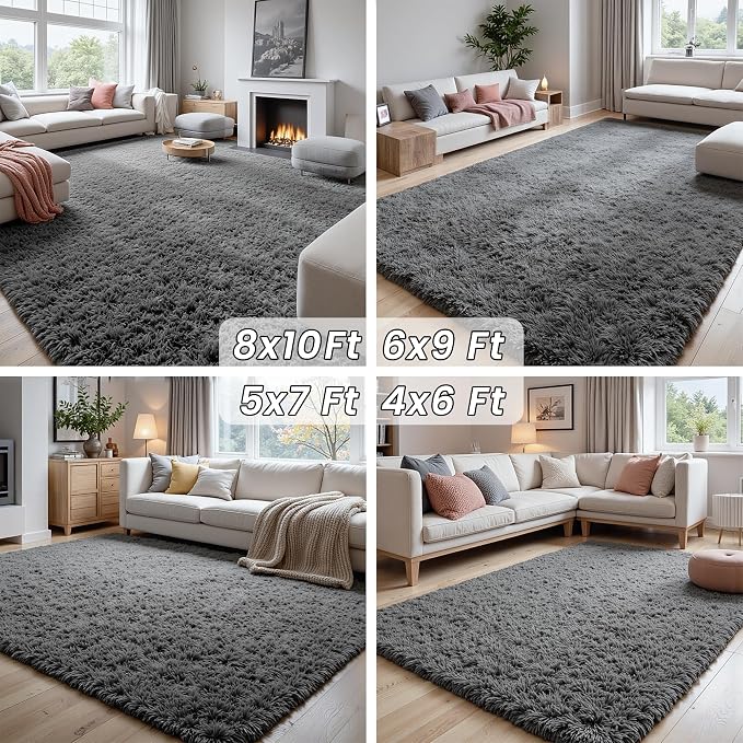 9x12 Area Rugs for Living Room: Ultra Soft Fluffy Shag Grey Rugs for Bedroom, Non-Slip Large Fuzzy Plush Rug Indoor Floor Carpet for Nursery Kids Boys Girls Room, Dorms, Playroom, Modern Home Decor