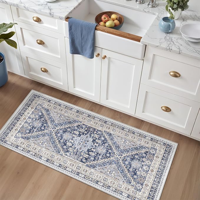 zesthome 2x4 Washable Rug Runner for Bathroom, Soft Entryway Rug for Laundry Room, Kitchen, Vintage Abstract Hallway Runner for Bedroom, Anti-Slip Door Mat Indoor Entrance(Blue/Beige,2'x4')