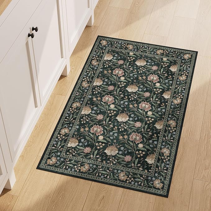 DUKINO 2x3 Rug, Washable Vintage Floral Bathroom Rugs Non Slip, Dark Green | Low Pile, Stain Resistant Boho Soft Indoor Door Mat, Small Front Door Carpet for Entryway Kitchen Laundry Bedroom Farmhouse