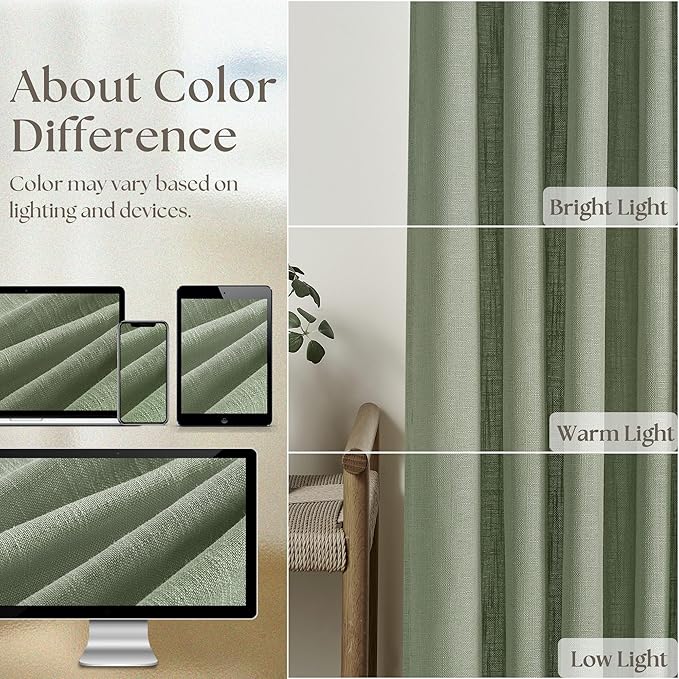 TWODRAPES Sage Green Pinch Plaet Linen Semi Sheer Curtains 90 Inches Long 2 Panels Set
