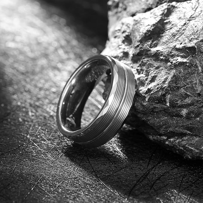 King Will Men's 8mm Tungsten Carbide Wedding Band, Hammered Faceted Diamond Cut Ring with Groove Inlay, Geometric Industrial Engagement Band for Men Women Comfort Fit Size 7-14