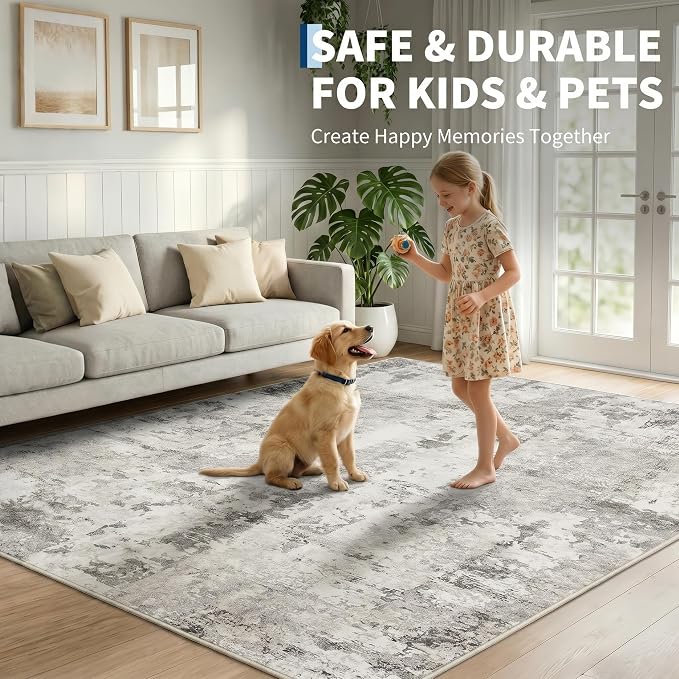 GarveeHome 5x7 Abstract Area Rugs Neutral Beige Washable Living Room Rug | Soft Low Pile Non Slip Accent Rug for Living Room, Bedroom, Dining Room, Modern Neutral Indoor Carpet