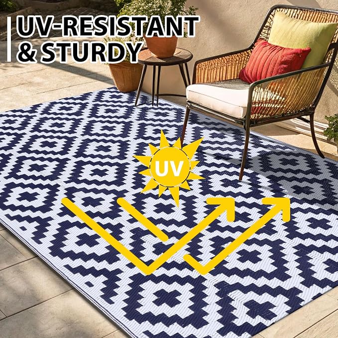 Smiry Waterproof Outdoor Rug 8x10 ft, Reversible Plastic Straw Patio Camping Rugs, Outdoor Indoor RV Mat Carpet for Patio, Outside Entry, Backyard, Deck, Bench, Picnic, Camper, White & Navy