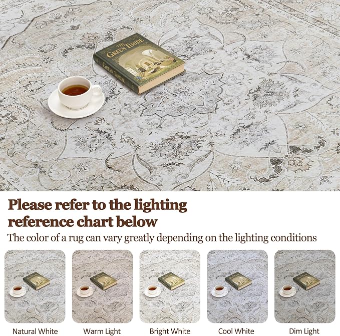 8x10 Area Rugs for Living Room:Beige Washable Vintage Medallion Carpet Non-Slip Soft Low Pile Large Rugs Indoor Retro Rug for Bedroom Nursery Dining Table Office Home(Beige White, 8'x10')