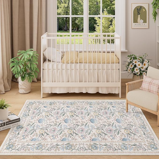 DUKINO 3x5 Rug Washable Vintage Floral Bedroom Area Rug Non Slip Cream Blue | Low Pile, Non-Shedding, Stain Resistant Boho Lightweight Soft Indoor Carpet for Bathroom Office Dining Living Room Farmhouse
