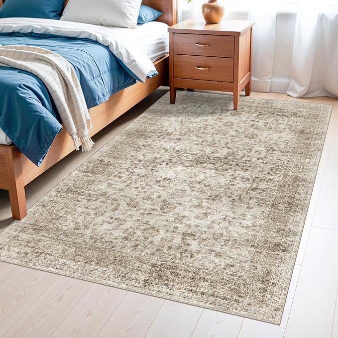 Living Room Washable Area Rugs 4x6 - Ultra-Thin Home Decor Mat for Bathroom/Nursery/Office-Vintage Soft Bedroom Carpets with Non Slip Backing Stain Resistant Rug for Household Women 4x6 Beige Brown