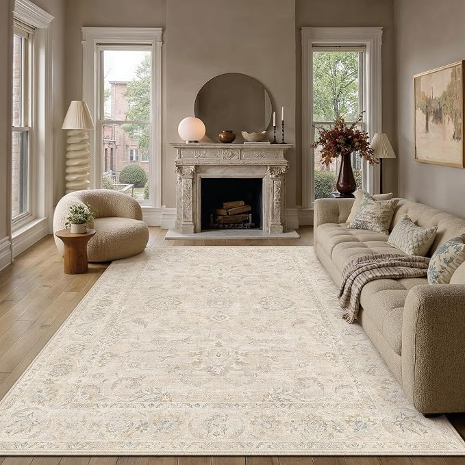 9x12 Cream Area Rug for Living Room Bedroom Neutral Floral Soft Non Slip Rug Low Pile Distressed Large Carpet for Dining Room Nursery Office Indoor