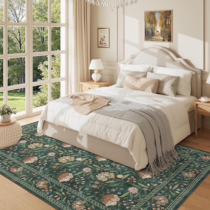 DUKINO 5x7 Area Rugs, Vintage Floral Washable Rug for Living Room, Green | Non Slip, Low Pile, Non-Shedding, Stain Resistant Lightweight Boho Soft Carpet for Bedroom Home Office Dining Room Farmhouse
