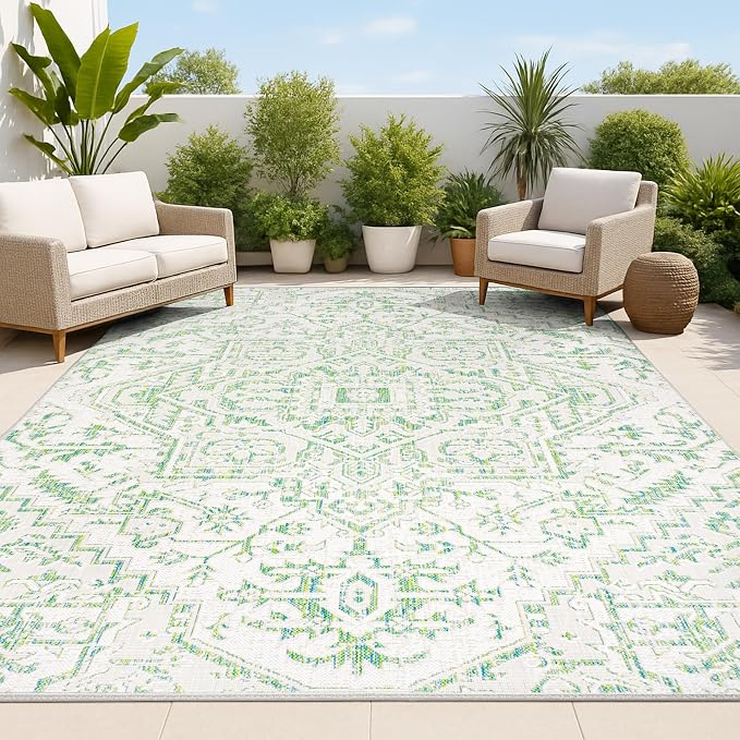 JONATHAN Y Boho Medallion Indoor Outdoor Area Rug 8X10 Green/Cream, Estrella Textured Weave for Backyard, Patio, Porch, Easy-Cleaning, High Traffic, Pet-Friendly, Non-Shedding (SMB105G-8)