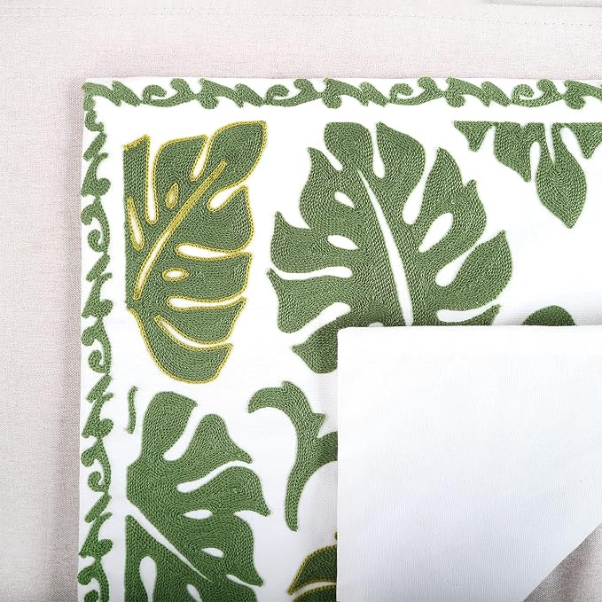 Embroidery Throw Pillow Cover 18x18 Tropical Leaves Home Decor Monstera Leaf Embroidered Green Floor Pillow Cover for Couch Sofa Chair 100% Cotton Cushion Cover Pillow Case 45x45cm, 1 Piece