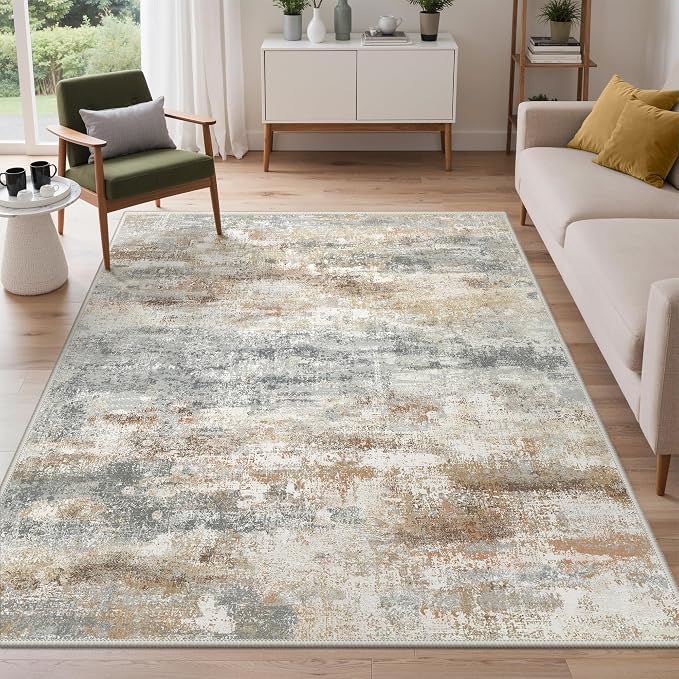 GENIMO Abstract Area Rug 5x7, Washable Modern Rug Non Slip, Low Pile Lightweight Soft Large Carpet for Living Room, Bedroom, Dining Room, Silver Tan