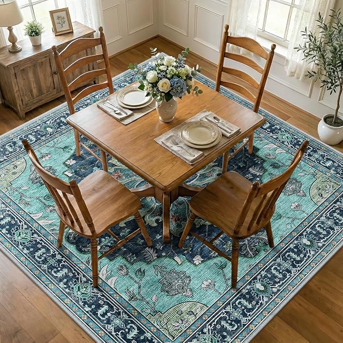 RELEANY Washable Area Rug, Square 7'x7', Teal | Non-Slip, Water Repellent, Pet Friendly, Easy to Clean, Vintage Floral Boho Decor for Living Room Bedroom Dining Room Office