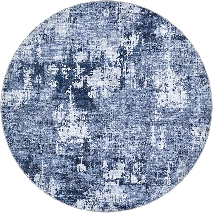 DMOYEST 6ft Round Area Rug Living Room Rugs - 6x6 Washable Large Soft Indoor Neutral Modern Abstract Low Pile Rug Carpet for Bedroom Dining Room Farmhouse Home Office - Navy Blue