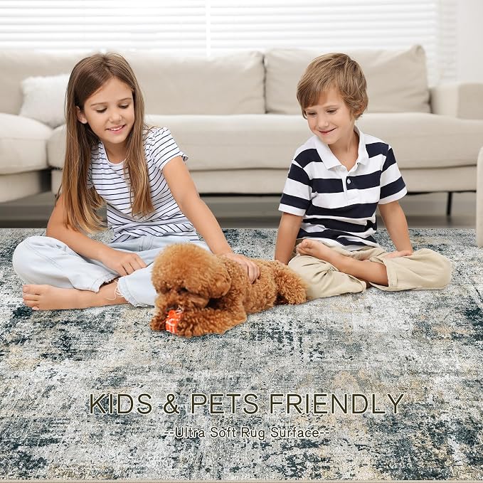 Area Rug Living Room Rugs: 5x7 Washable Rug with Anti-Slip Backing Non-Shedding Stain-Resistant Foldable Modern Abstract Carpet for Bedroom Dining Room Nursery Hallway Home Office Black Grey Brown