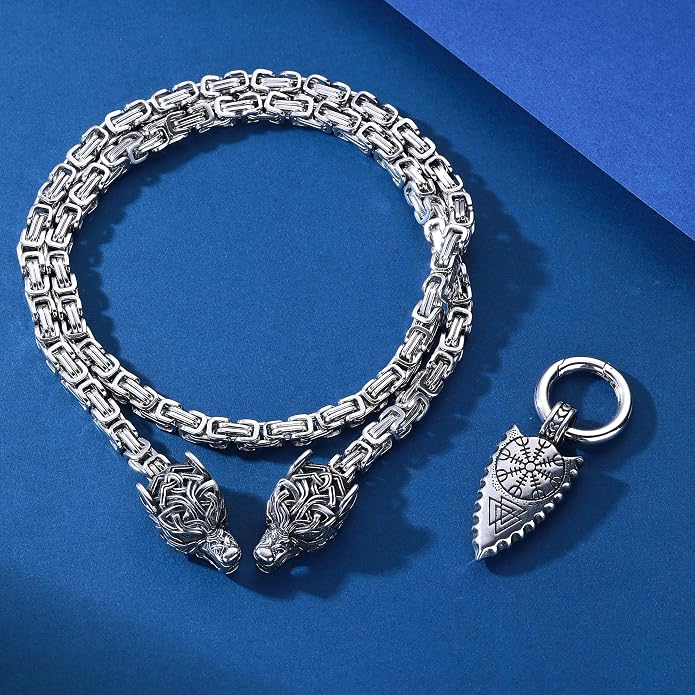 ROWIN&CO Viking Necklace for Men, Stainless Steel Nordic Runes Wolf Head Spearhead & Trinity Knot Pendant with Byzantine Chain Amulet, Norse Mythology Pagan Gothic Biker Jewelry Gift