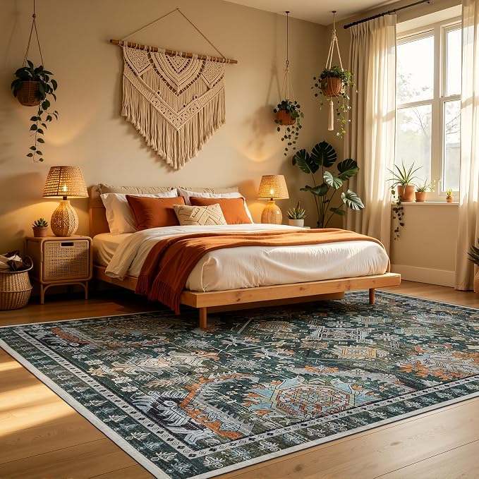 Ruaruarug Area Rug 8'×10', Non Slip Machine Washable Ultra Soft Stain & Fade Resistant, Pet & Kids Friendly, for Living Room/Bedroom/Kitchen/Classroom, Dark Green