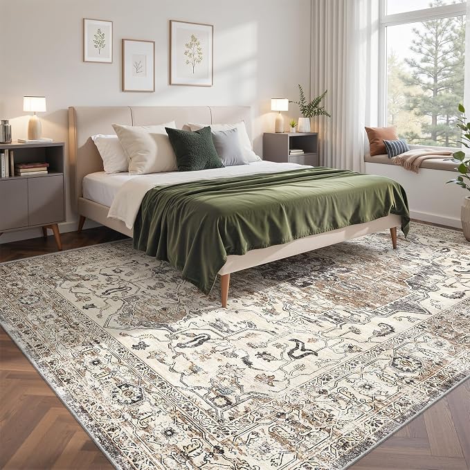 befbee 9x12 Area Rugs for Living Room,Ultra-Thin Washable Rug, Non-Slip Lightweight Foldable Area Rug, Stain Resistant Vintage Large Rugs(Brown/Grey,9'x12')