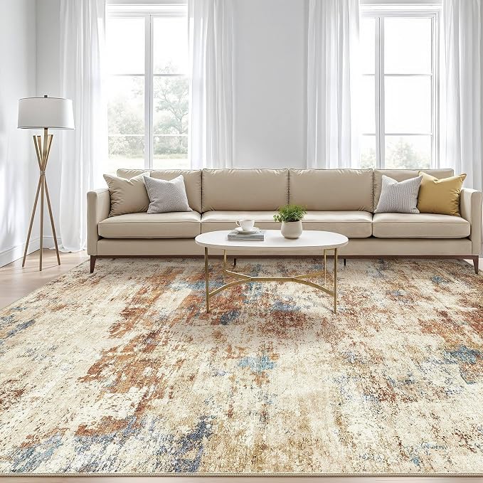 7x9 Area Rug Washable Rug: Large Abstract Modern Soft Stain Resistant Indoor Floor Non-Slip Accent Carpet for Living Room Bedroom Nursery Playroom Dining Room Office Dorm Home House- Blue Orange