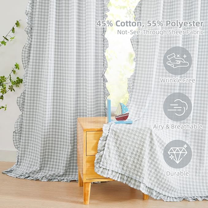 ZJDECOR Grey White Buffalo Plaid Sheer Curtains 84 Inches Length,Rod Pocket | Cozy Ruffle Not-See-Through Sheer Crinkle Drapes,Rustic Window Treatment for Bedroom Living Room,40"Wx84"L(Pack of 2)