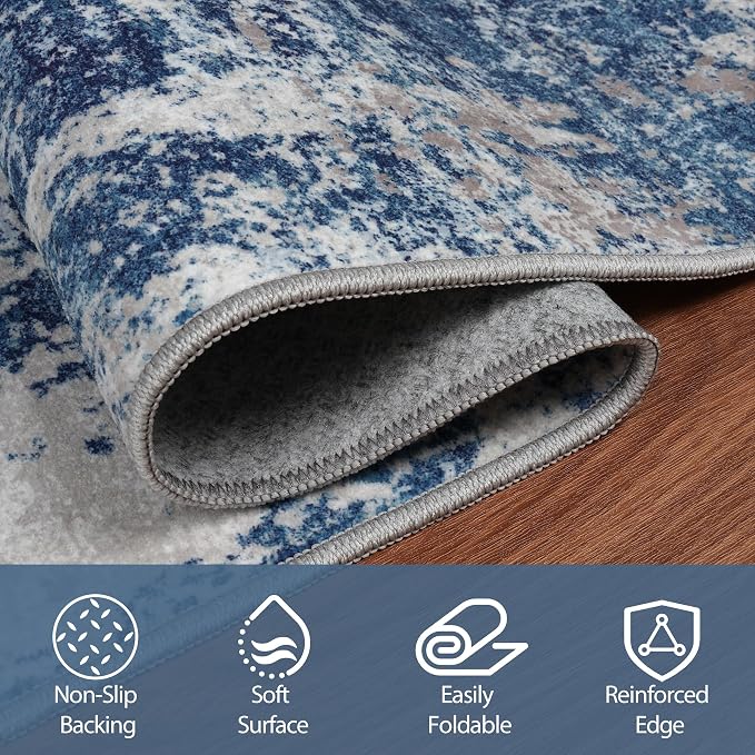 5x7 Area Rugs for Living Room Rug Washable: Abstract Rug for Dining Room Bedroom Carpet Non Slip 5 by 7 Indoor Modern Nursery Home Office Blue Grey White