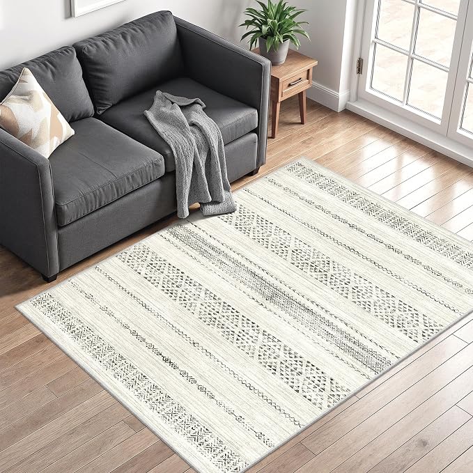 3x5 Washable Rug Moroccan Small Entryway Rug Non Slip Indoor Floor Carpet Foldable Thin Rugs for Kitchen Bedroom with Low Pile(Grey,3'x5')
