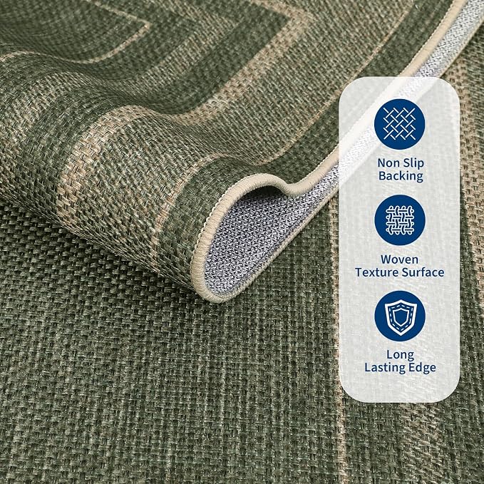 GarveeHome 5x7 Washable Rug for Bedroom Solid Easy Jute Living Room Rugs | Non Slip Modern Neutral Bordered Stain Resistant Indoor Throw Carpet for Nursery Kitchen Dining Room Entryway, Green