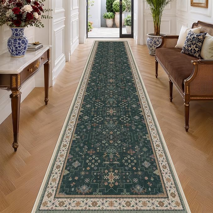 Hazo Haus Washable Dark Green Hallway Runner Rug 16 ft Long - 3x16 Modern Vintage Boho Long Wide Runner Rugs for Kitchen, Non-Slip Stain Resistant Low Pile Throw Rug Indoor Door Mat