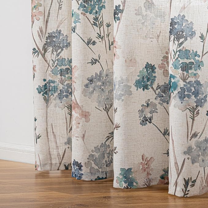 MYSKY HOME Floor to Ceiling Linen Floral Curtains 108 Inch Length 2 Panels Semi Sheer Light Filtering Farmhouse Flower Print Patterned Window Grommet Curtains for Dining Room, 52" W Each Panel, Brown
