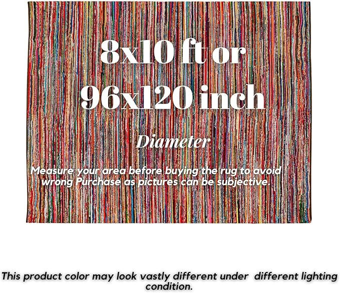 Chindi Rug 8x10, Boho Living Room Woven Braided Multicolor Area Rugs 8x10, Bohemian Colorful Recycled Cotton Rag Rugs for Farmhouse, Bedroom, Dining Room, Classroom, Hallway