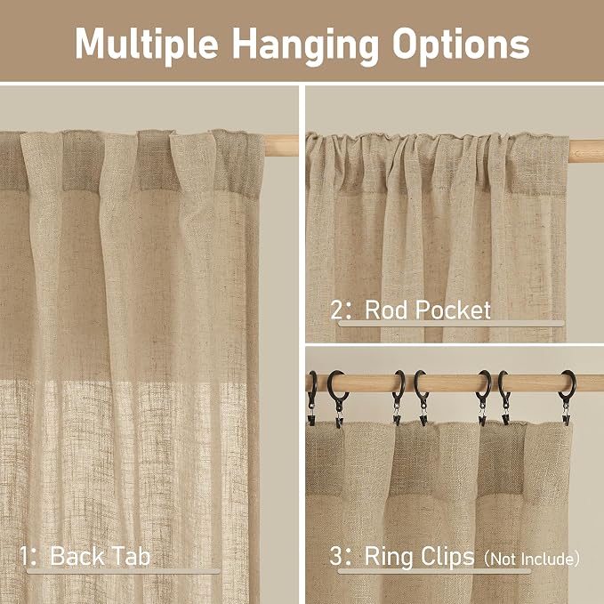 LAMIT Natural Linen Curtains 108 Inch for Living Room, Back Tab and Rod Pocket Textured Sheer Light Filtering for Boho Farmhouse, 2 Panels, 52 x 108 Inch, Brown
