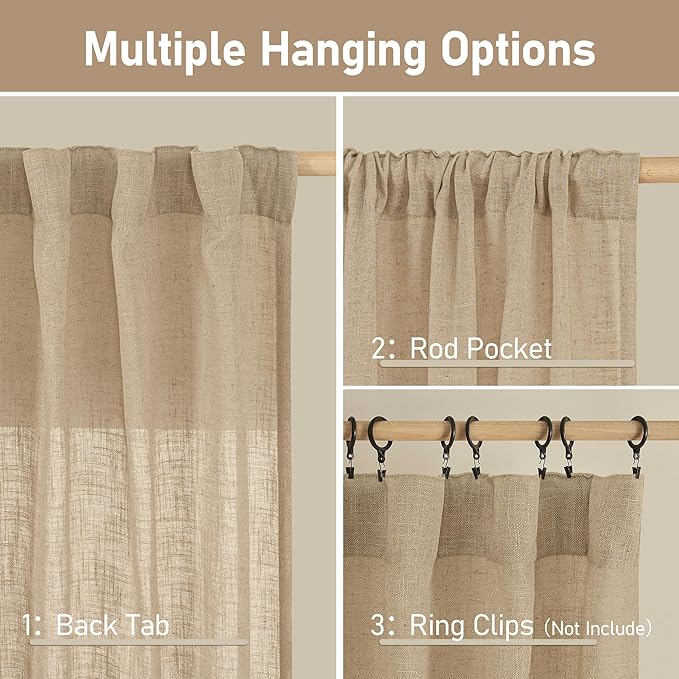 LAMIT Linen Semi Sheer Curtains 48 Inch for Bedroom, Light Filtering Neutral Window Curtains Farmhouse Boho Back Tab and Rod Pocket Panels, Brown, 2 Panels, 52 x 48 Inch