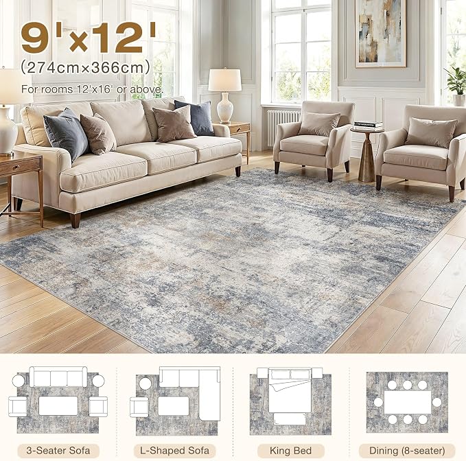 cotiled 9x12 Rugs for Living Room Abstract Soft Non Slip Washable Area Rug | Stain Resistant, Robot Vacuum & Pet Friendly, Low-pile, For Living Room, Bedroom, Dining Table, Nursery Blue/Brown