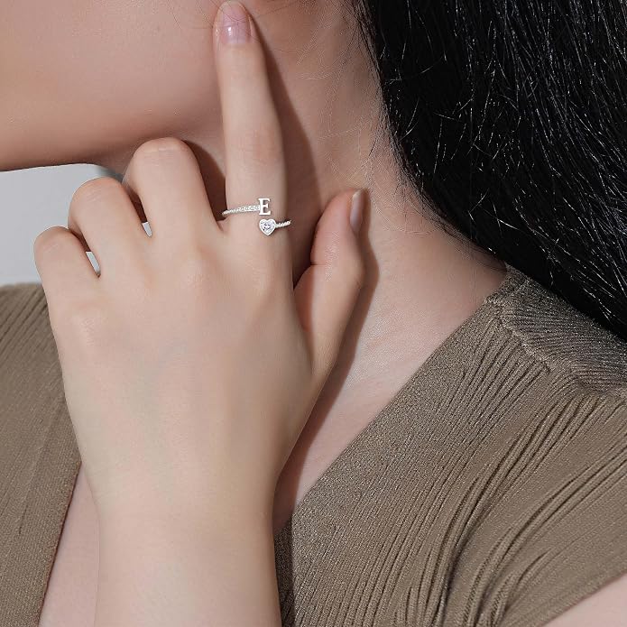 Step Forward 925 Sterling Silver Adjustable Initial Ring for Women | Non Tarnish Letter Rings for Lady | Alphabet Heart Thumb Rings | Capital Letter Jewelry Gifts
