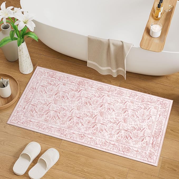 DUKINO 2x4 Rug, Washable Vintage Floral Entryway Rug Non Slip, Light Pink | Low Pile, Non-Shedding, Stain Resistant Boho Lightweight Soft Indoor Carpet for Kitchen Bathroom Hallway Laundry Farmhouse