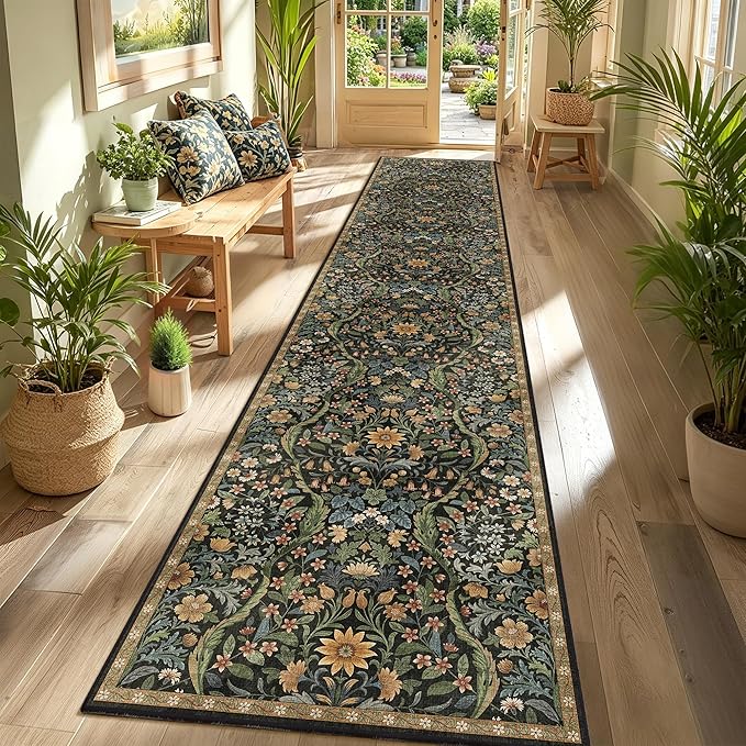 2x10 Washable Runner Rug,Black Brown Floral Boho Area Rug for Hallway,Low-Pile Non-Slip Stain Resistant Carpet for Kitchen, Bedside,Laundry Room,Entryway