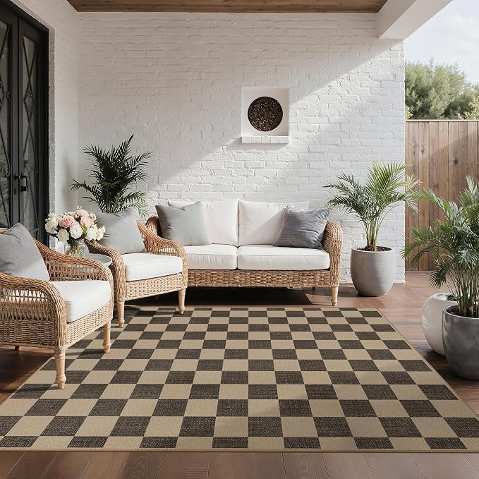 GENIMO Indoor Outdoor Area Rug 8'x10', Checkered Easy Jute Rug Machine Washable, Easy-Cleaning, Non Slip Plaid Outdoor Carpet for Patio, Living Room, Backyard, Porch, Deck, Balcony