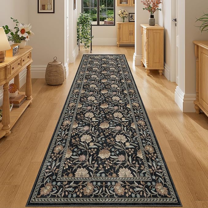 DUKINO 2.6x8 Runner Rug, Washable Vintage Floral Kitchen Runners Rug, Black | Non Slip, Low Pile, Non-Shedding Soft Carpet for Hallway Bathroom Laundry Entryway Bedroom Farmhouse, Kids and Pets Friendly