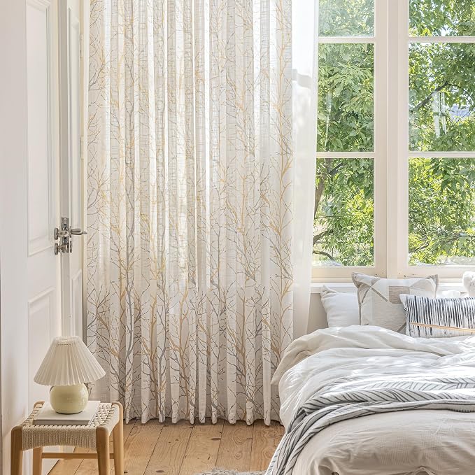 FMFUNCTEX Linen Yellow Grey Semi Sheer Patio Curtains 96 Inch Long 1 Panel | Extra Wide Sheer Patterned Patio Door Drapes, Tree Branch Print, Grommet Top for Sliding Doors and Airy Farmhouse Privacy