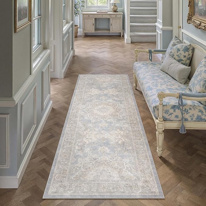 PureCozy 2x6 Washable Runner Rug Blue Vintage Oriental Medallion | Non Slip, Soft Low Pile, Hallway Carpet for Kitchen, Entryway, Laundry Room, Retro Decor