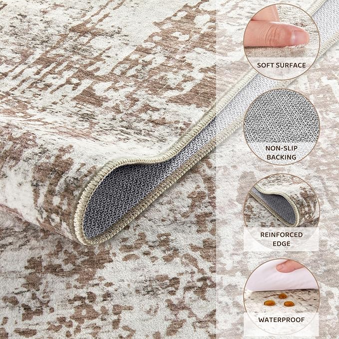 UERMEI 10x12 Washable Area Rug - Neutral Modern Abstract Living Room Rugs, Non-Slip Soft Large Indoor Floor Carpet for Bedroom Home Office & Under Dining Table Decor, Brown/Grey/Red