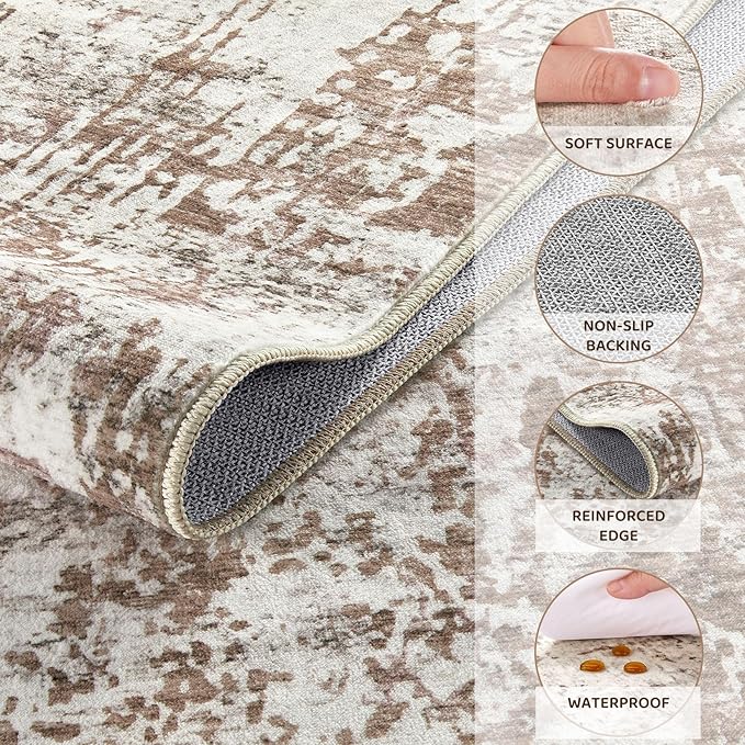 UERMEI Area Rug Living Room Rugs - Washable Neutral Modern Abstract Soft Thin Rug Indoor Floor No Slip Rug Carpet for Bedroom Under Dining Table Home Office Decor - Brown/Grey/Red - 9x12