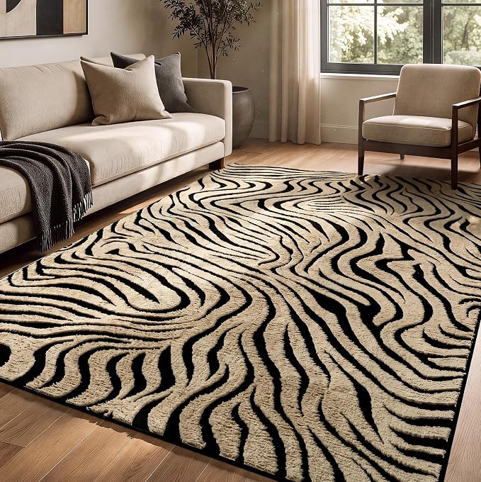 YIHOUSE 5×7 Ft Zebra Area Rugs Black and Beige: Washable Nonslip Plush Soft Rug for Living Room - High-Low Striped Carpet for Bedroom Dining Room Office Playroom Nursery Home Decor
