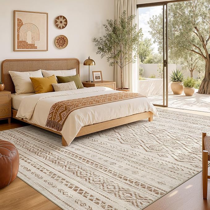 Nakagishi Area Rug Living Room Rugs: 5x7 Large Soft Machine Washable Boho Moroccan FarmNeutral Stain Resistant Indoor Floor Carpet for Bedroom Under Dining Table Home Office Decor-Brown