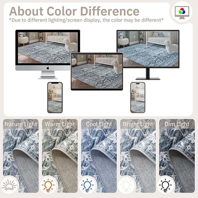 Soalmost 6x9 Area Rugs for Living Room, Washable Bedroom Soft Rug Blue | Vintage Floral Non-Slip Low Pile Stain Resistant Throw Large Neutral Carpet for Dining Room Kitchen Home Office Nursery 6'x9'